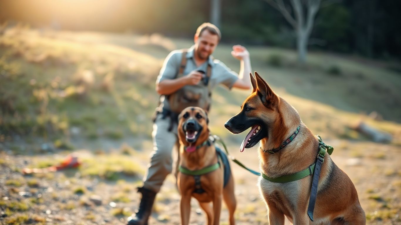 Dog and trainer practicing skills outdoors in a scenic setting.