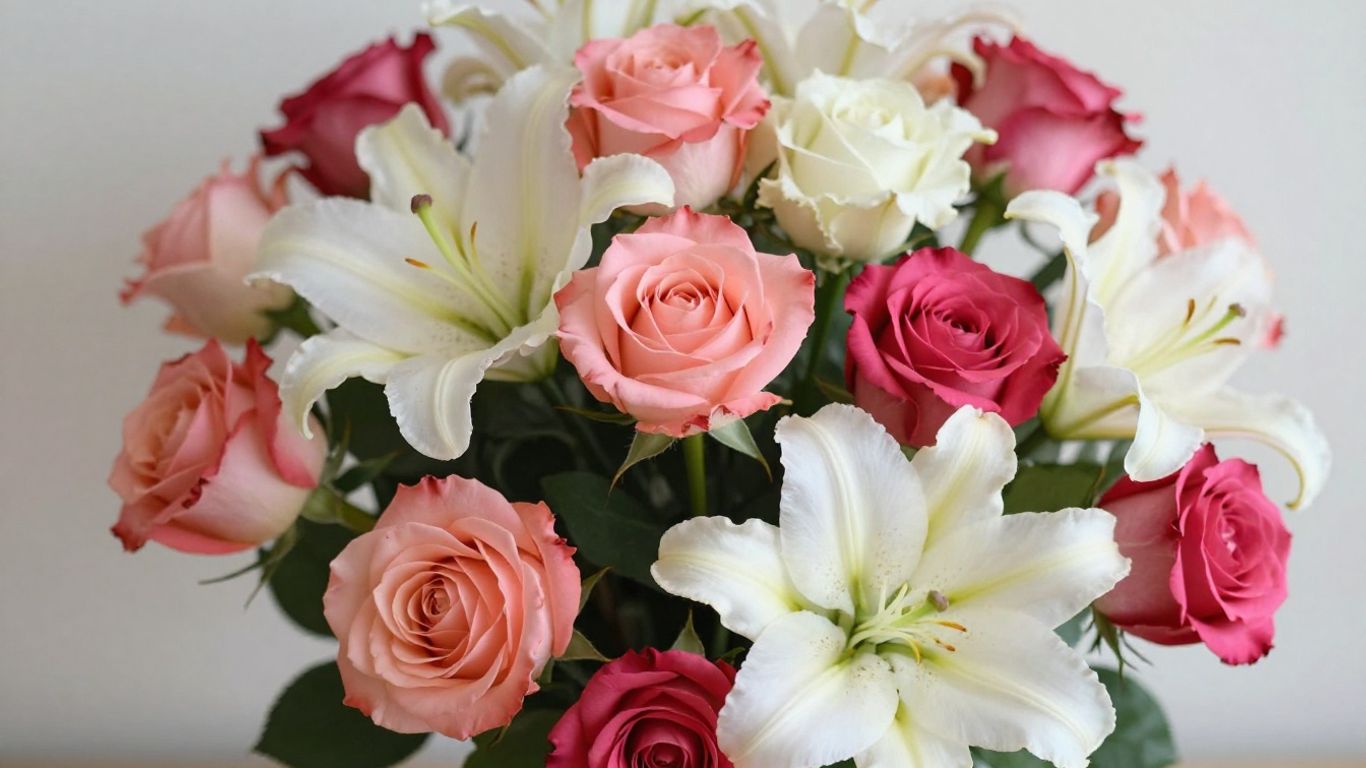 Stunning floral bouquet with vibrant roses and lilies.
