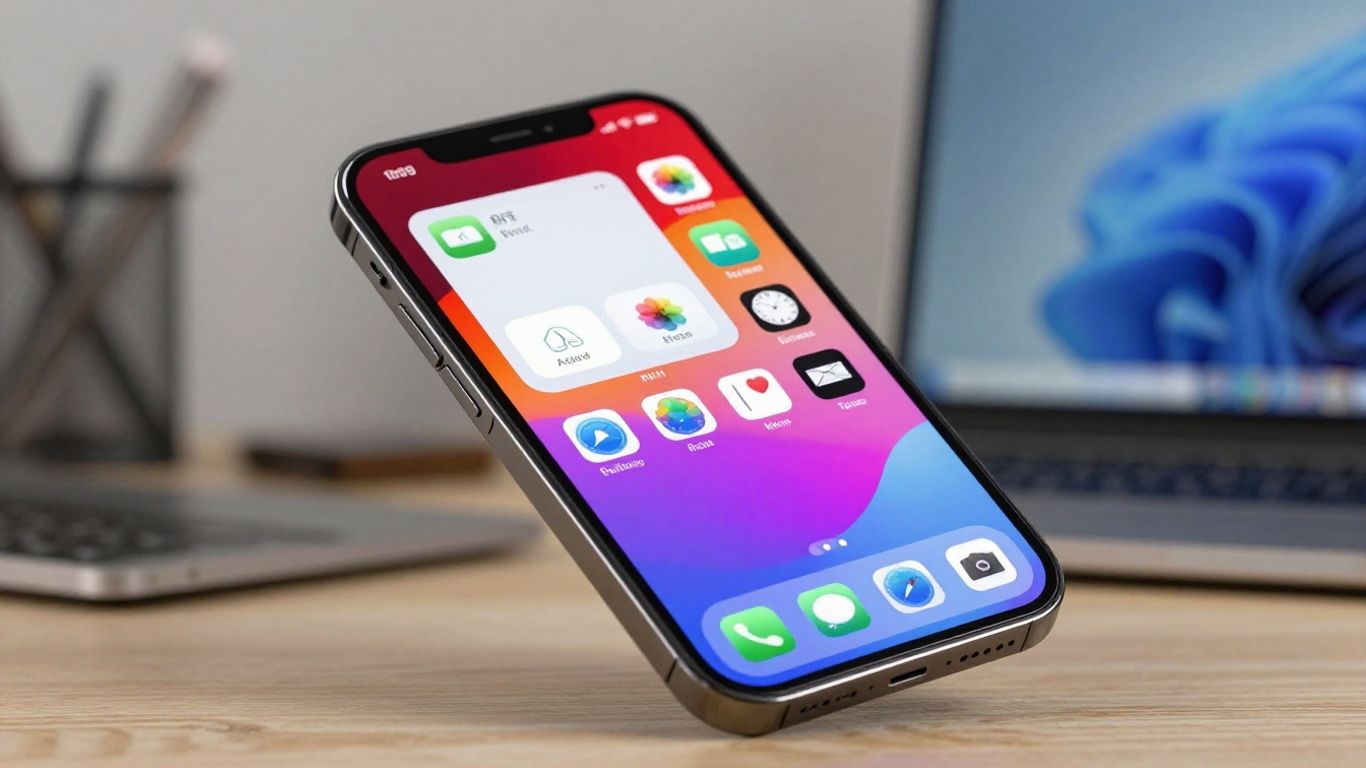 Smartphone com aplicativos de finanças e acesso remoto.