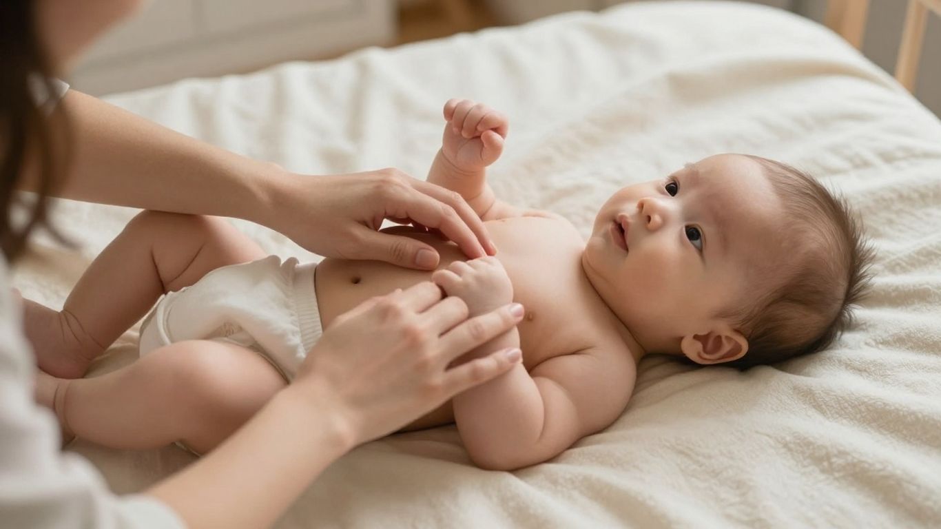 Bebé relajado durante un masaje abdominal suave