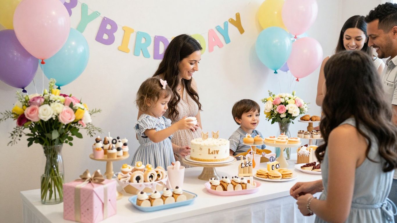 Fun baby shower with decorations, cake, and happy guests.