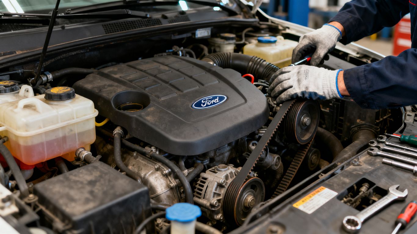 Motorraum eines gebrauchten Ford bei der Prüfung