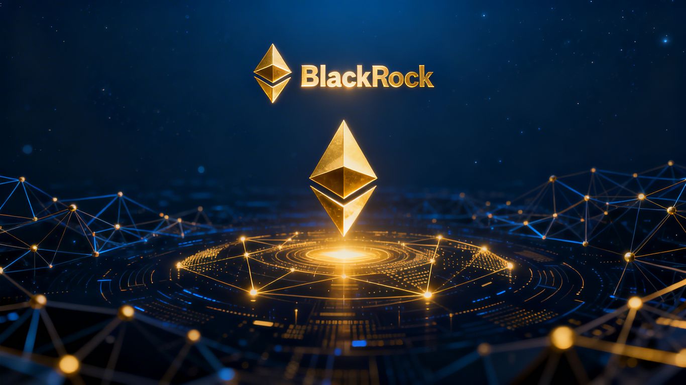 BlackRock logo above a digital Ethereum network.