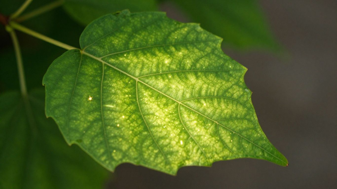 Sonne scheint durch ein grünes Blatt, leuchtende Partikel.