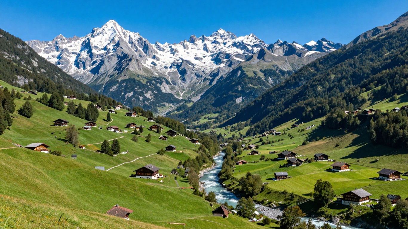 Serene French Alps valley with snow-capped mountains and chalets.