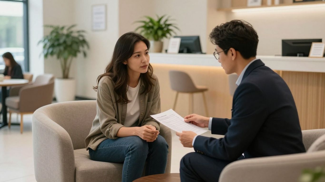 Patient checking appointment information in a welcoming clinic lobby