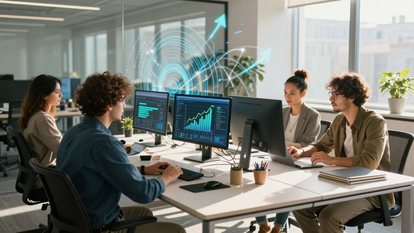 Team collaborating in a modern office with digital interfaces.
