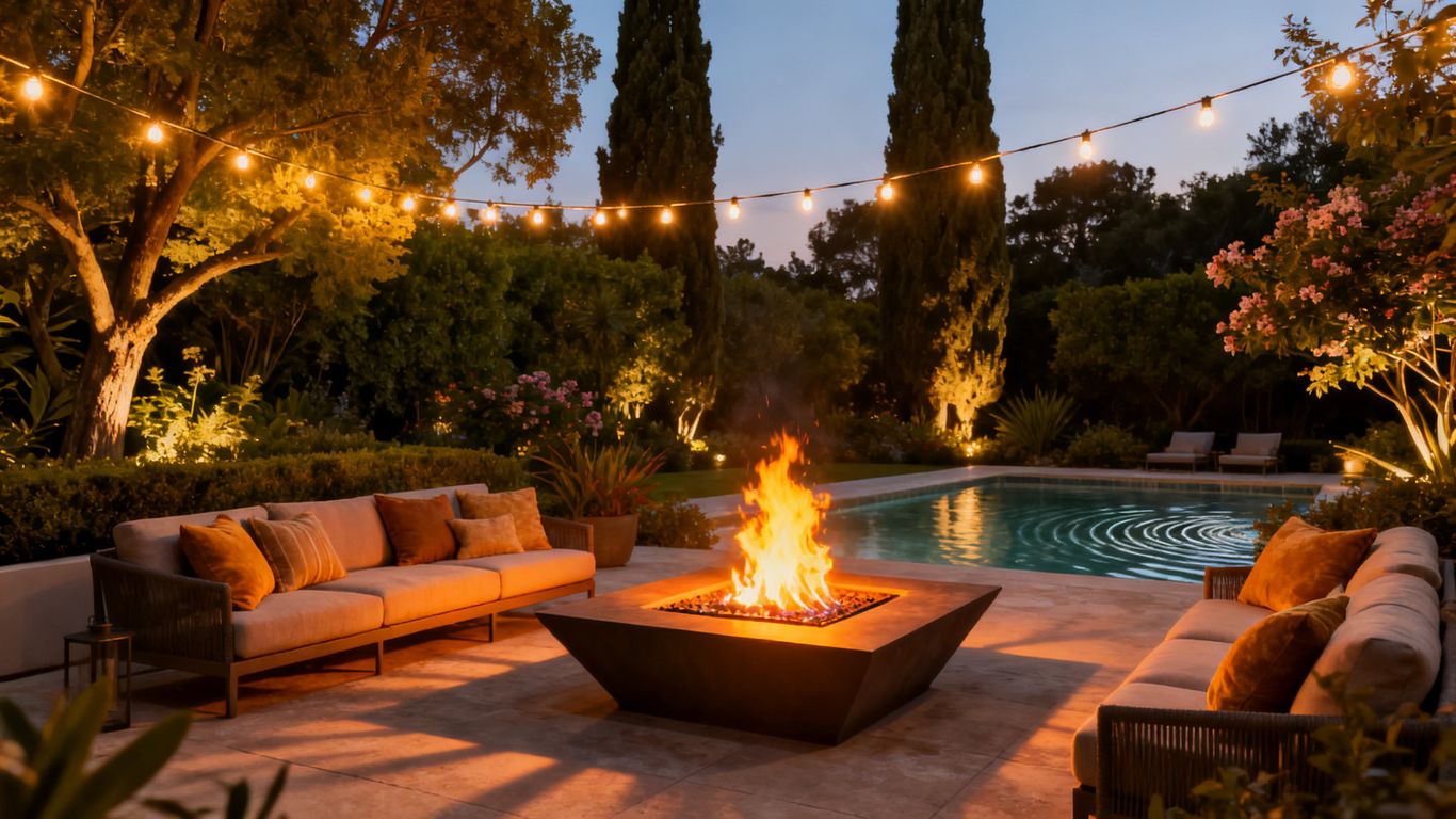 Backyard patio with fire pit and seating at dusk.