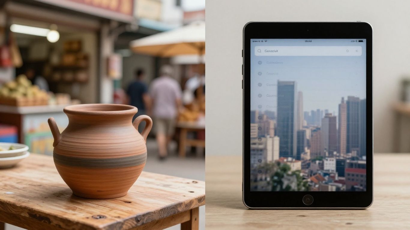Clay pot and tablet side-by-side for lead generation comparison.