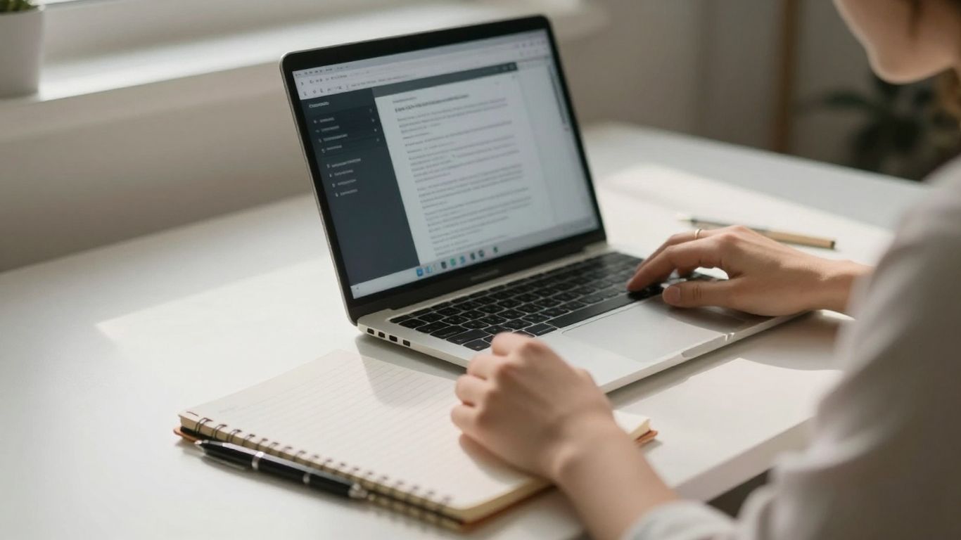 Person reviewing writing analysis on laptop screen