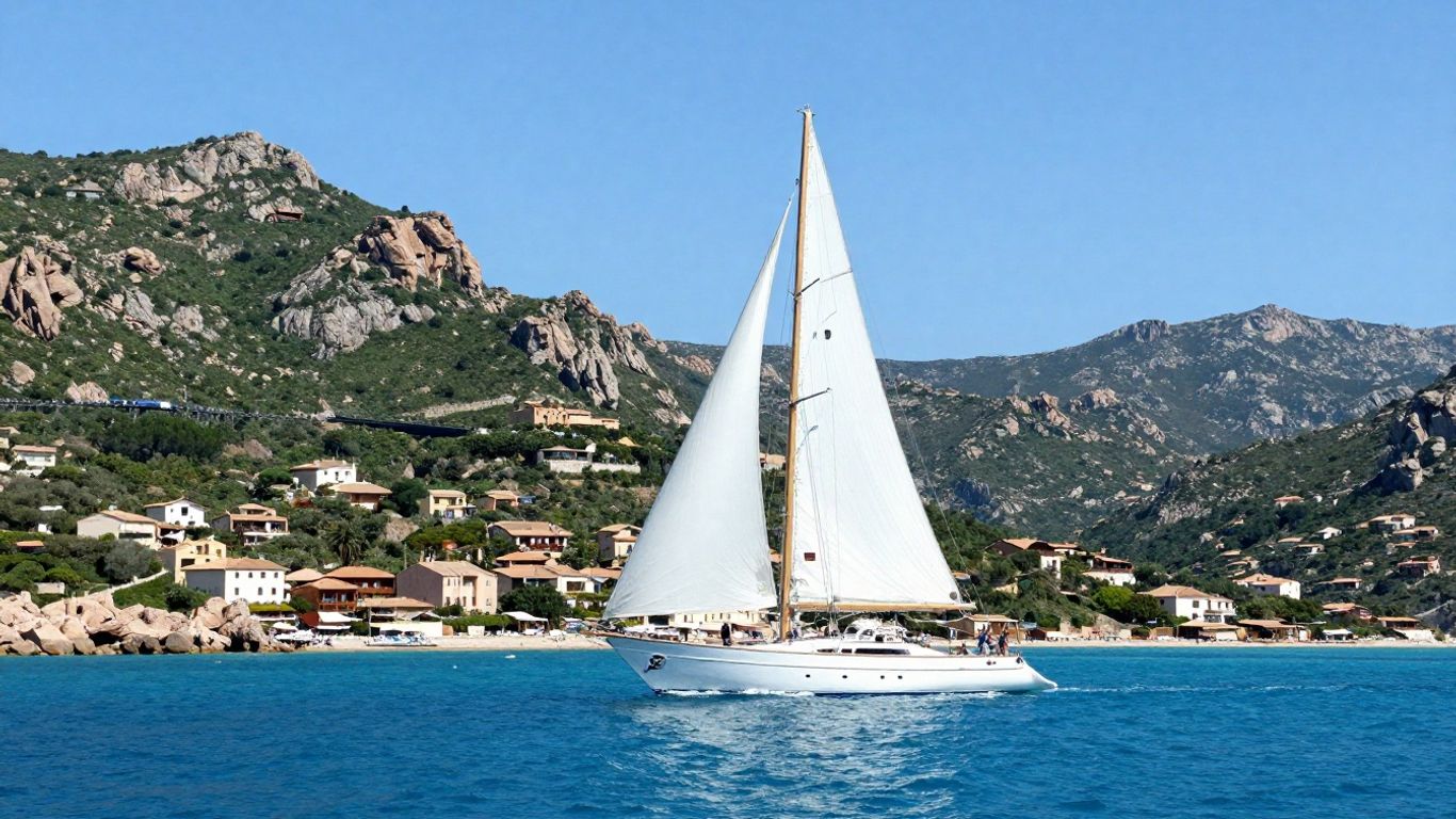 Luxury yacht sailing in Sardinia's clear blue waters.