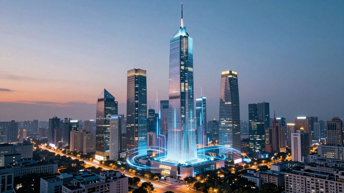 Futuristic cityscape with glowing digital streams