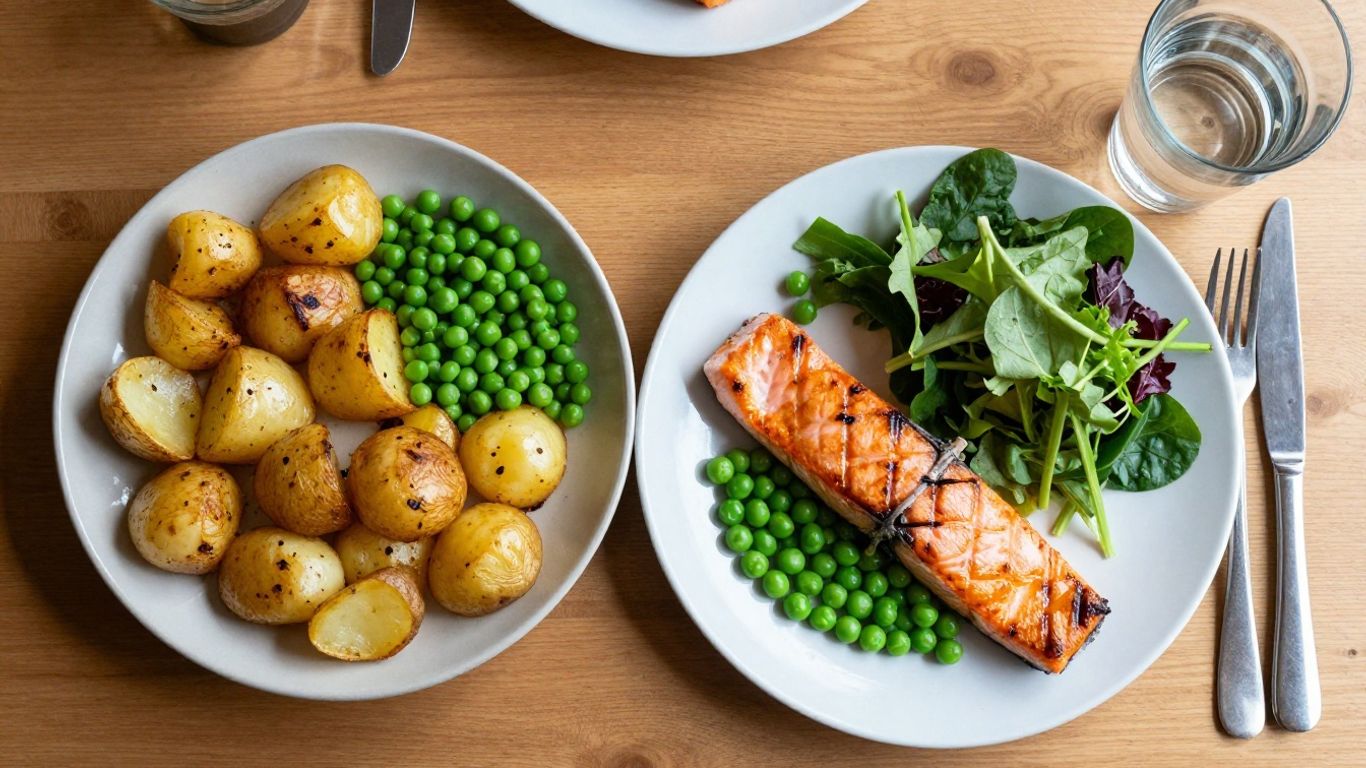 Balanced UK meal with vegetables protein and potatoes