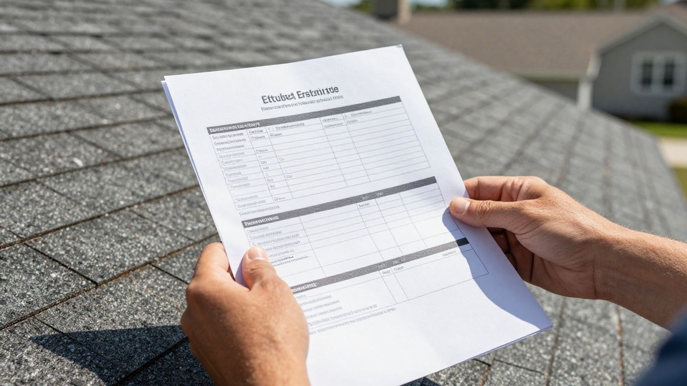Roofing estimate document in hands with house roof background.