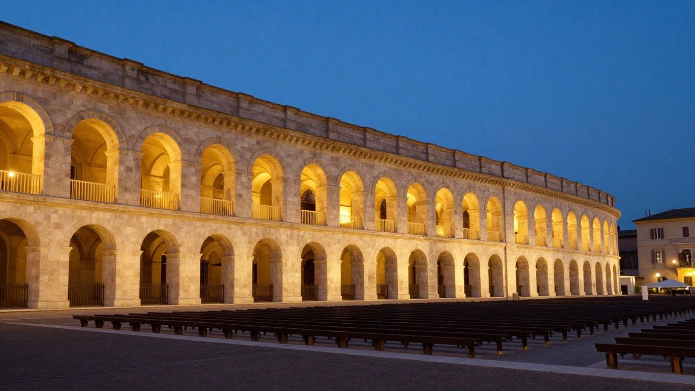 Sferisterio arena glowing at summer dusk