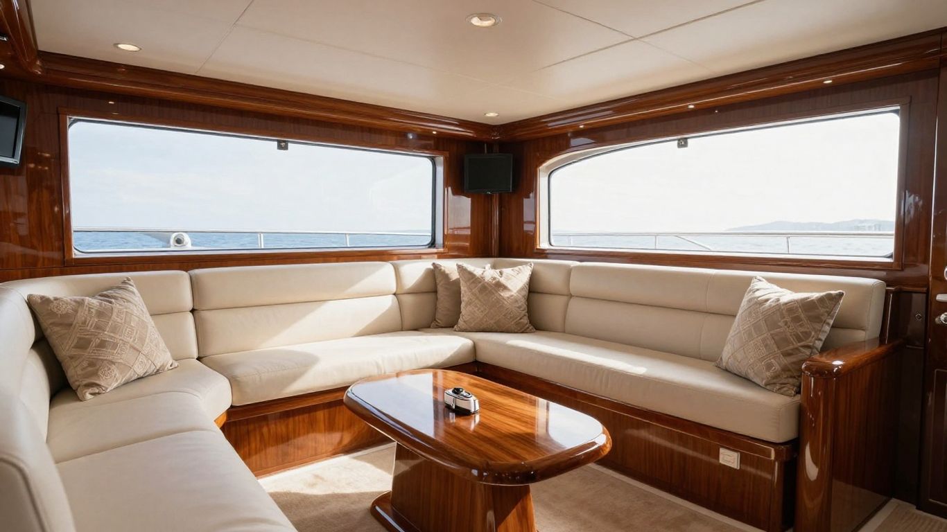 Eros yacht interior with luxurious seating and elegant decor.
