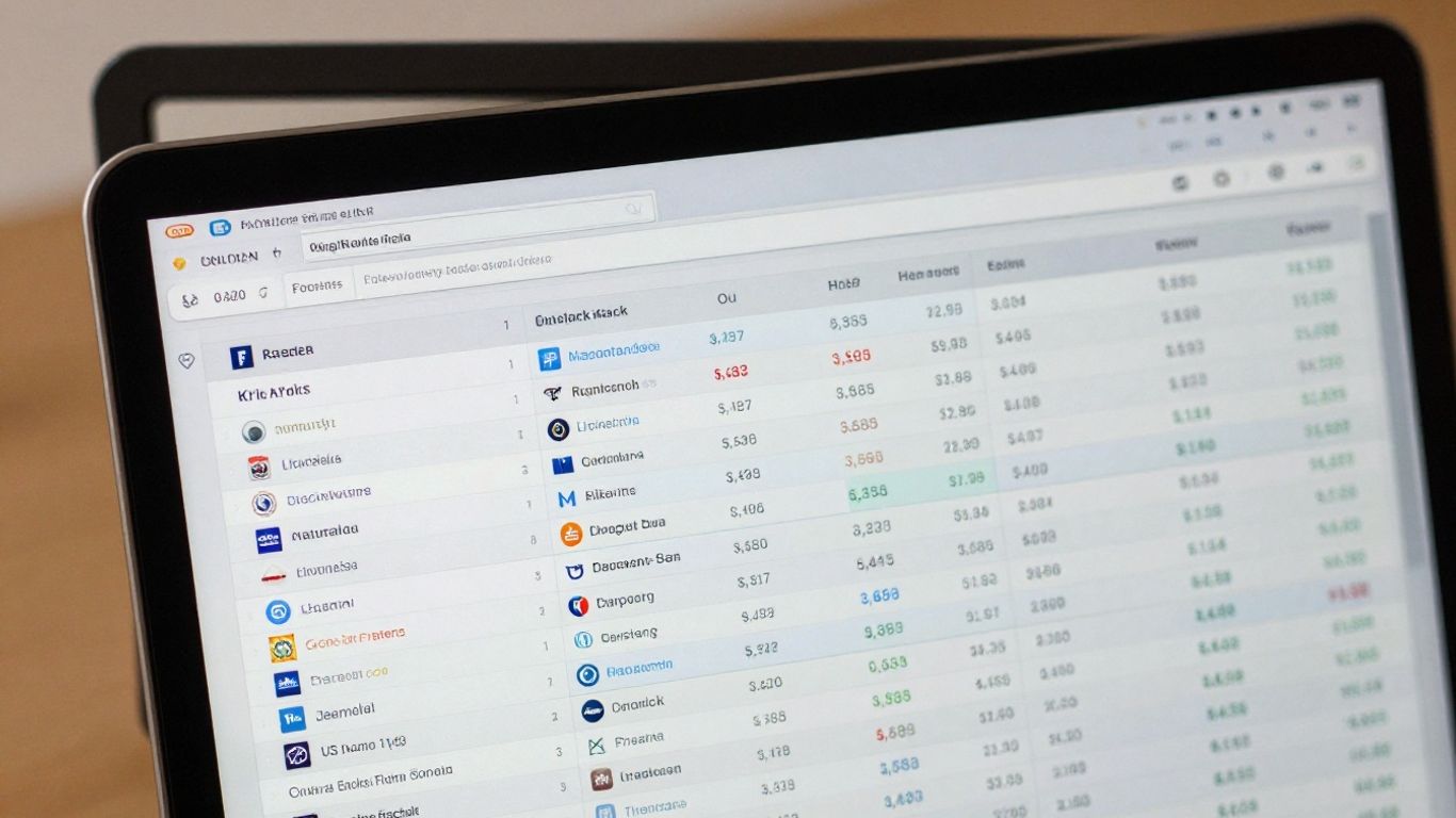 Stock watchlist on a laptop screen.