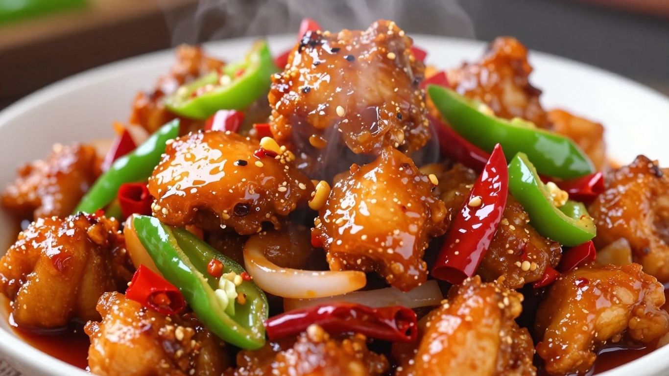 Spicy chilli chicken dish with peppers and onions.