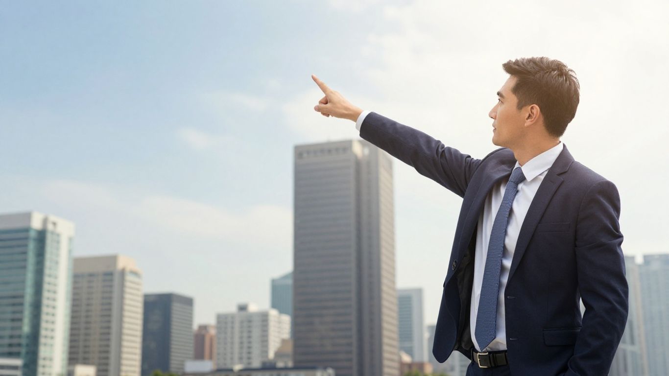 Professional pointing towards horizon, symbolizing growth and market expansion.