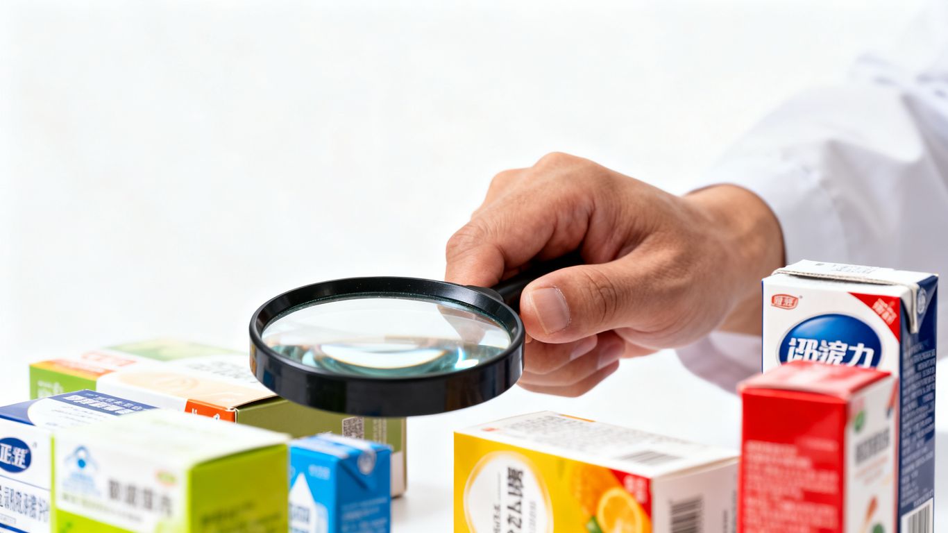 Magnifying glass over product packages for pricing analysis.