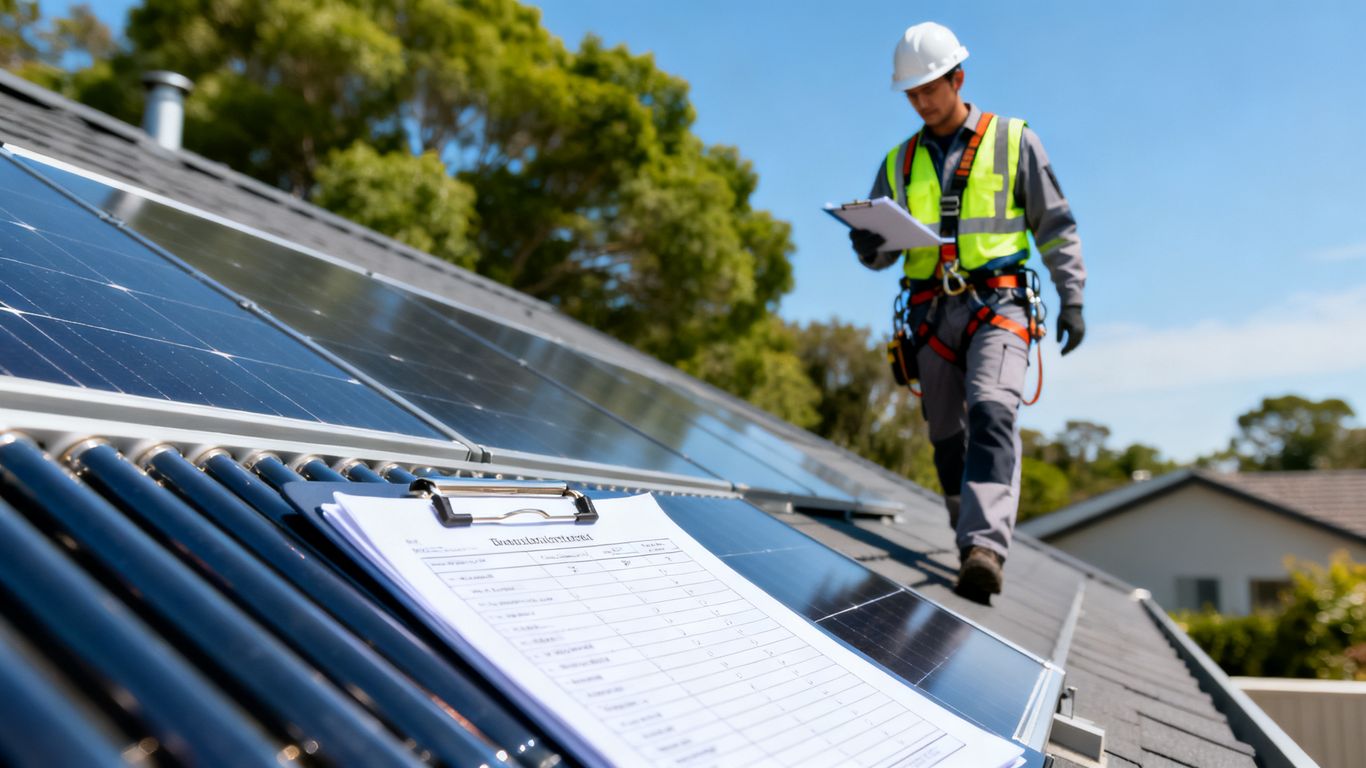 A professional solar technician inspecting a rooftop installation
