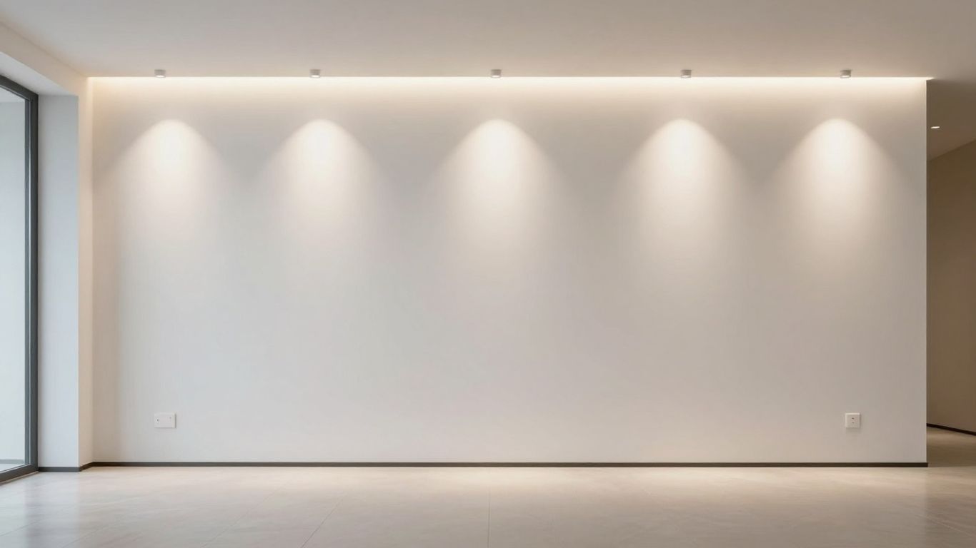 Modern flush wall lights illuminating a minimalist living room.
