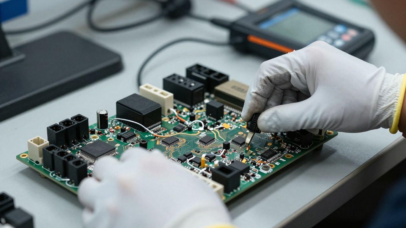 Technician inspecting an automotive ECU module