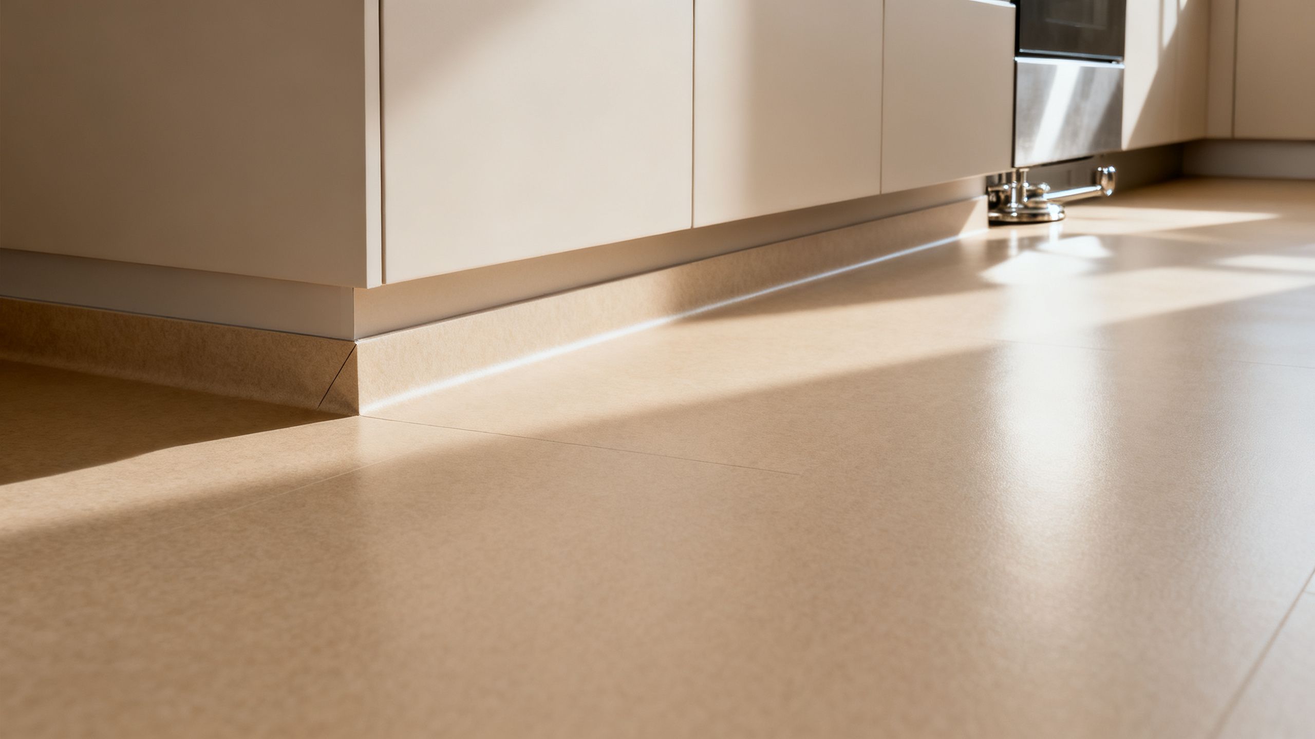 Close-up of a professionally fitted vinyl floor meeting kitchen units, with a smooth surface and carefully scribed edges