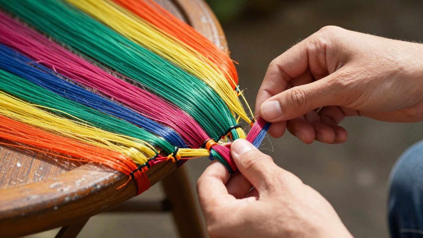 Hands weaving new webbing onto a patio chair frame.