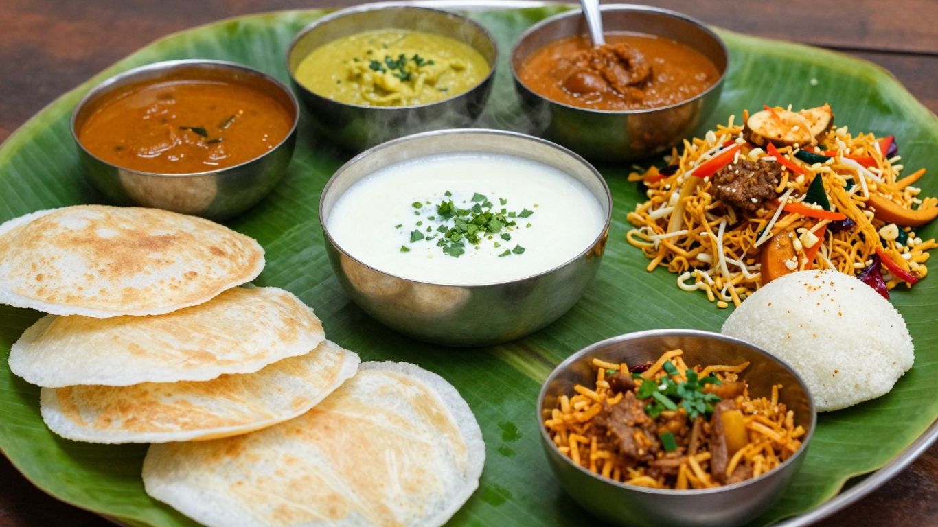 Assortment of South Indian dishes like dosas and biryani.