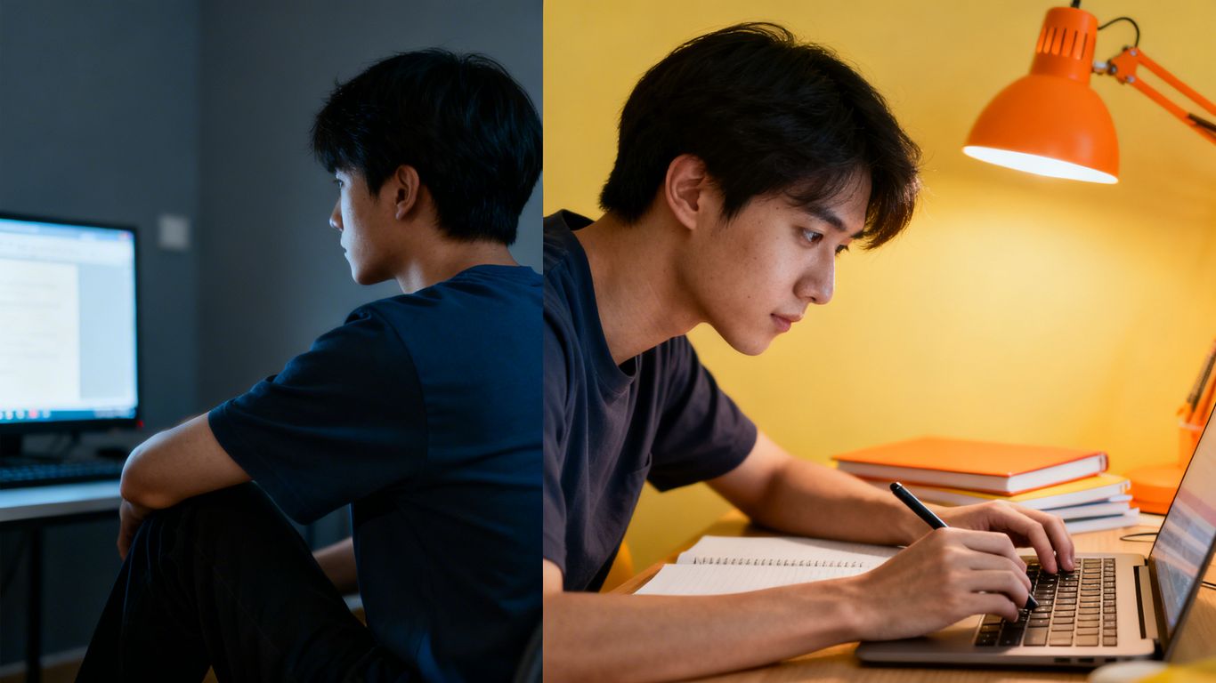 Person transforming from passive viewer to skilled digital professional.