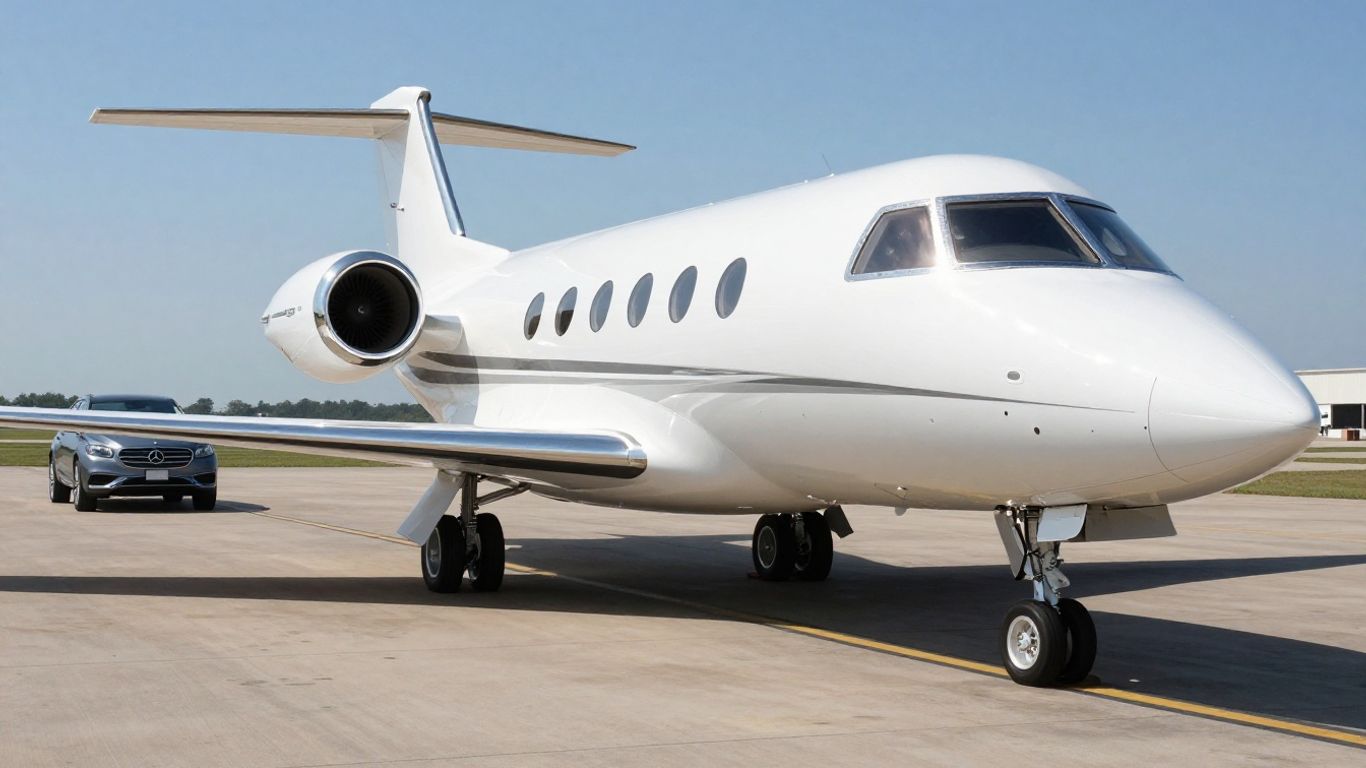 Private jet on tarmac with luxury SUV approaching.