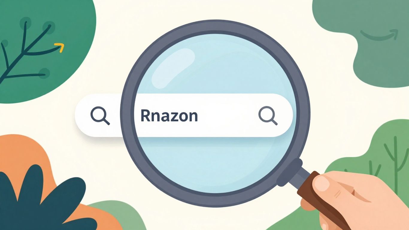 Amazon SEO blueprint with magnifying glass and glowing search results.