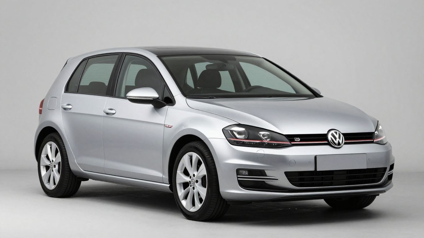 Silberner VW Golf 7 steht draußen auf Parkplatz.