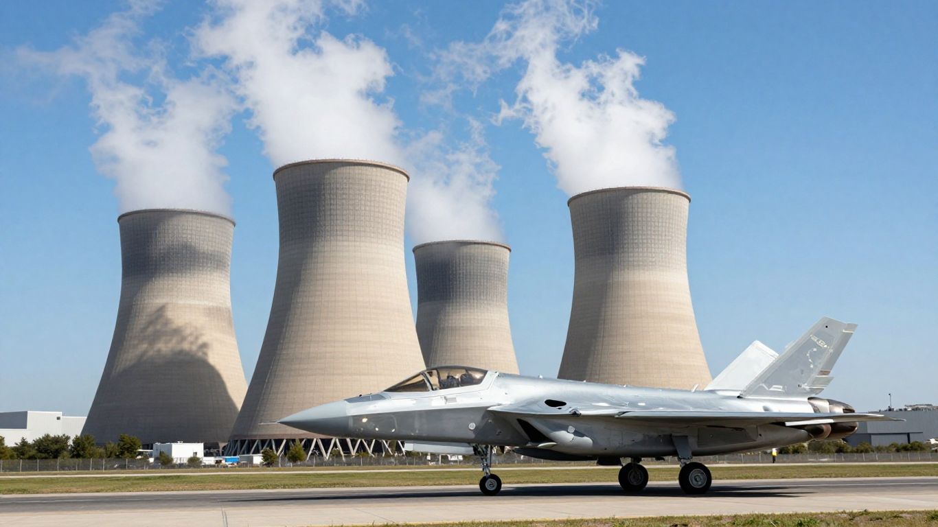 Usine nucléaire et avion de chasse moderne.