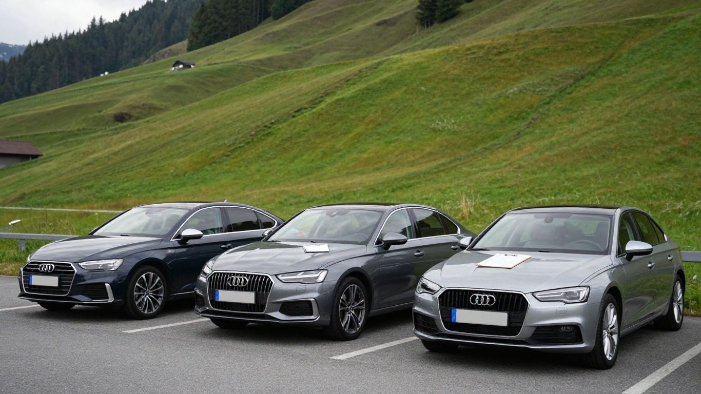 Mehrere Autos auf Schweizer Parkplatz im Vergleich