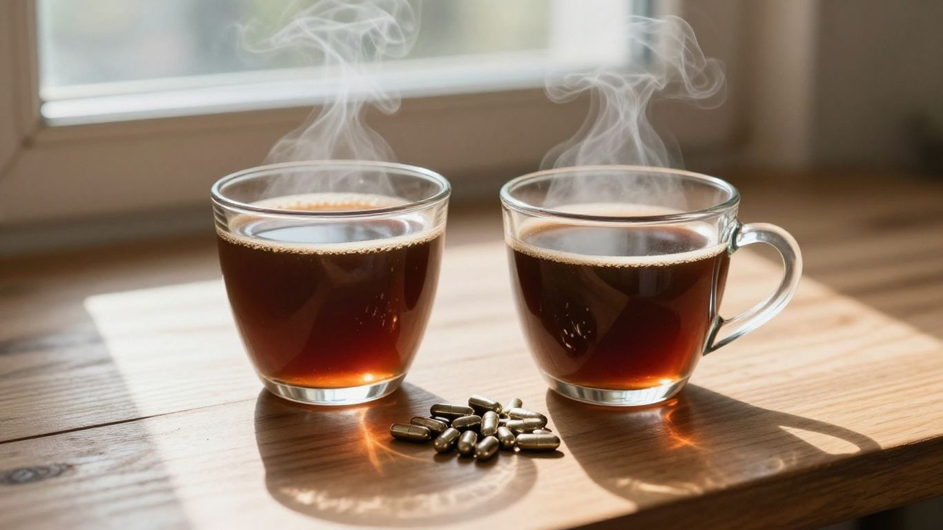 Coffee mug and iron pills on a table.