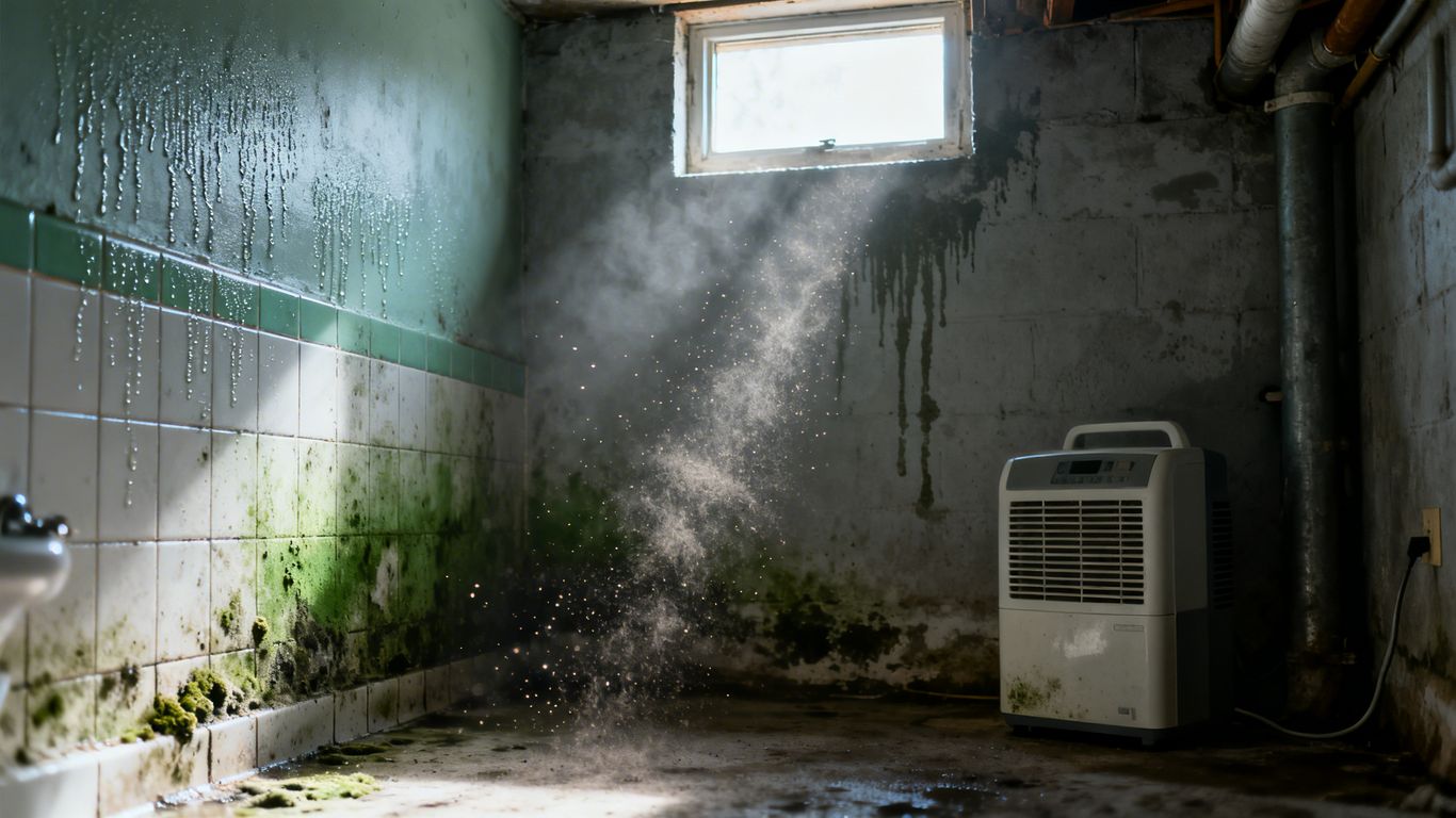 Mildew in bathroom and damp basement walls.