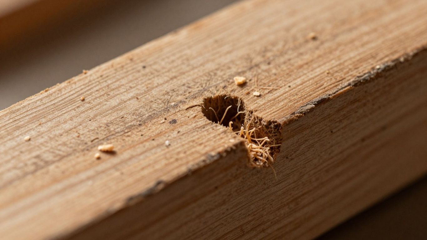 Termite tunnels in damaged wood close-up.