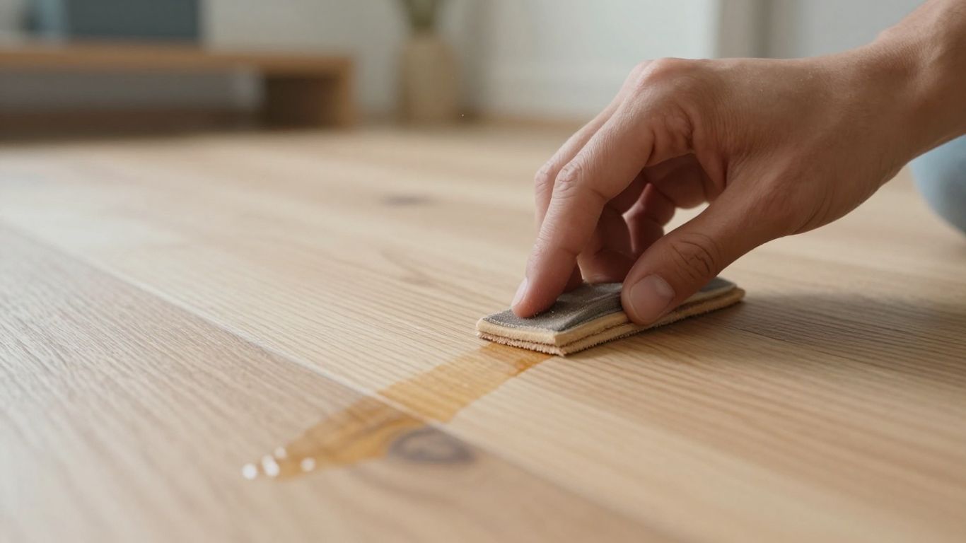 Hands sanding water-damaged wood floor