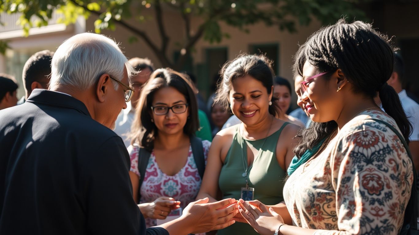 Oameni participând la o adunare comunitară, colaborând în aer liber.