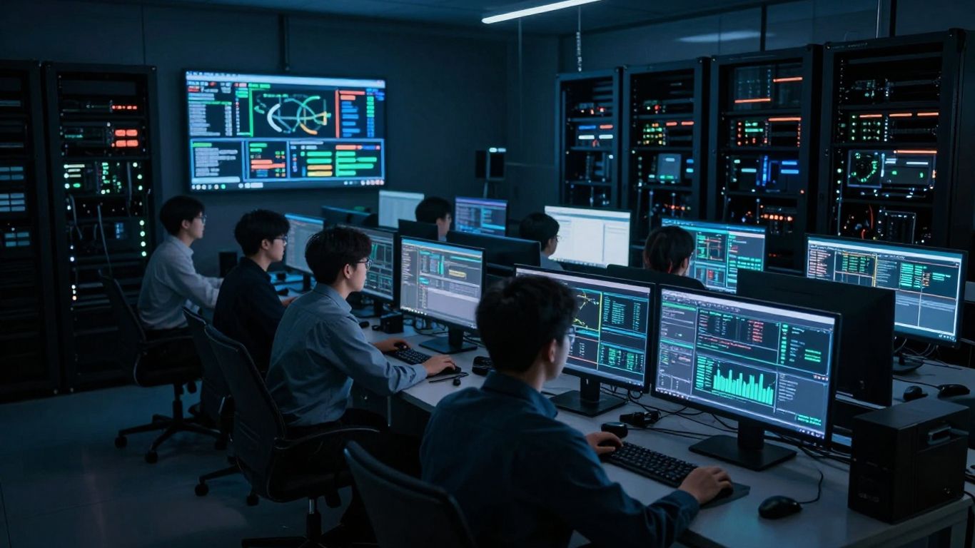 Security operations centre with glowing monitors and technicians.