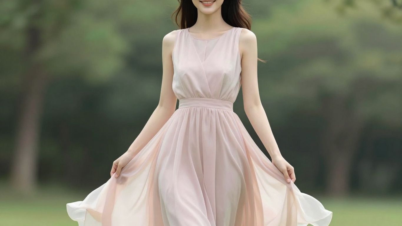 Woman in a chic A-line dress at an outdoor event.