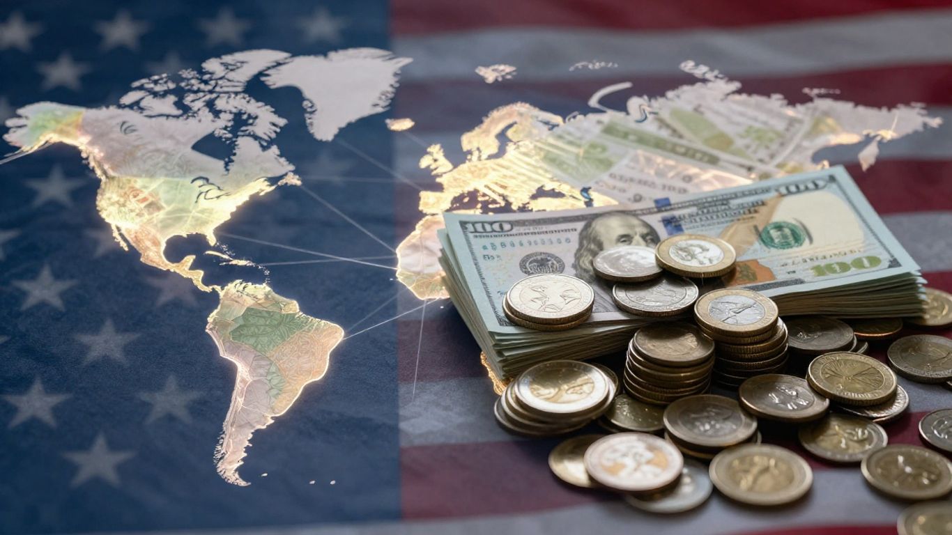 World map with glowing lines and money, symbolizing foreign aid.