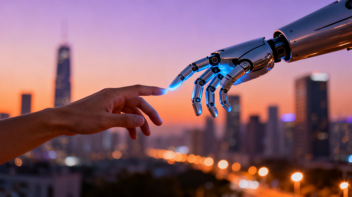 Human and robot hands reaching, with city backdrop.
