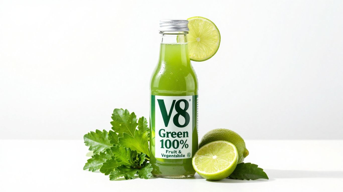 Bottle of V8 Green Juice with fresh ingredients