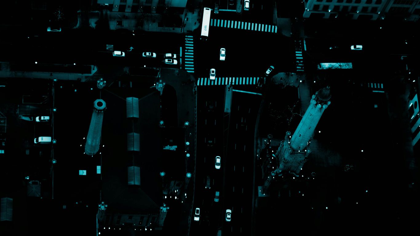 Aerial view of a city street at night