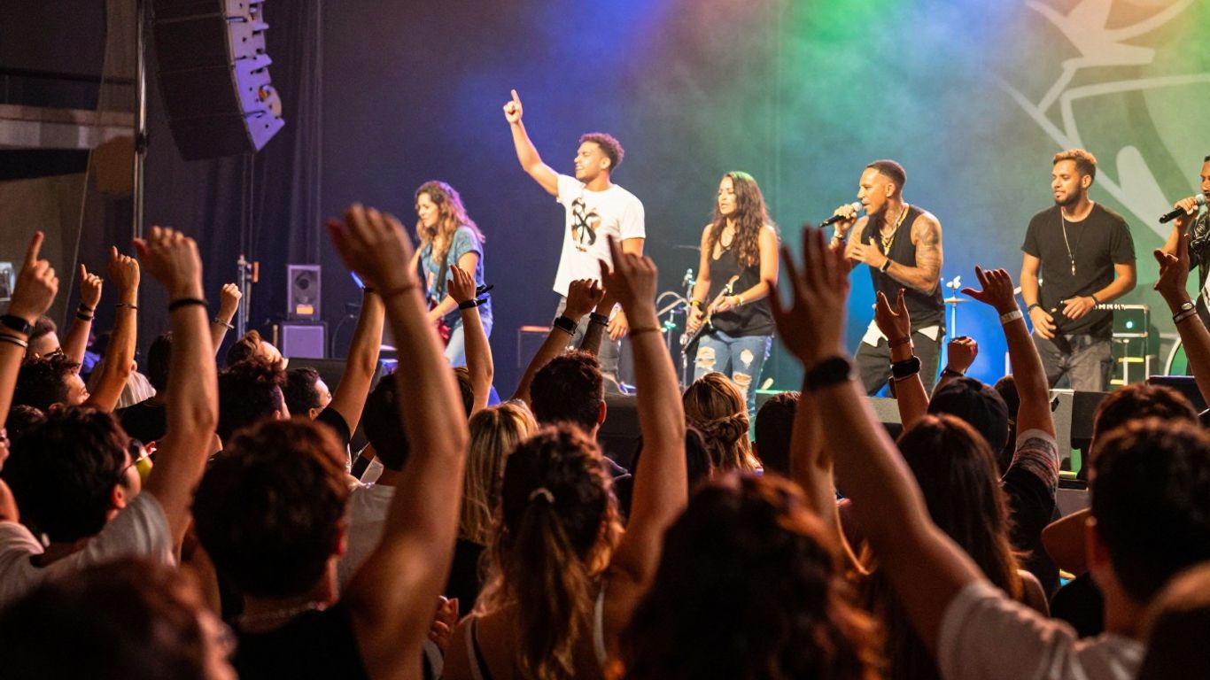 Energetic event crowd and stage lights.