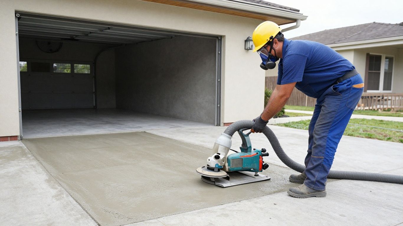 Technician grinding concrete floor indoors
