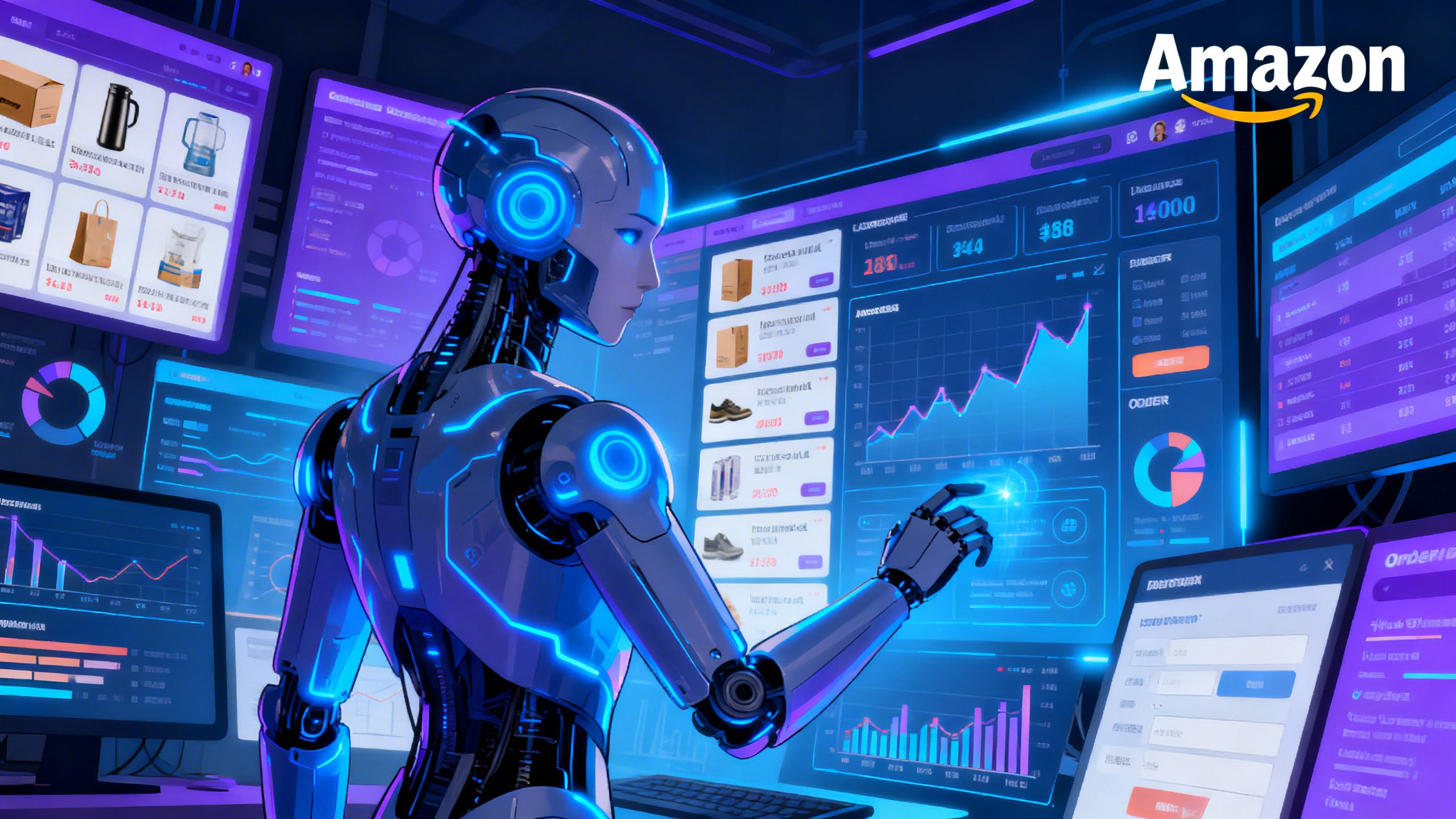 An illustration of an Agentic AI navigating complex eCommerce systems for an Amazon seller.